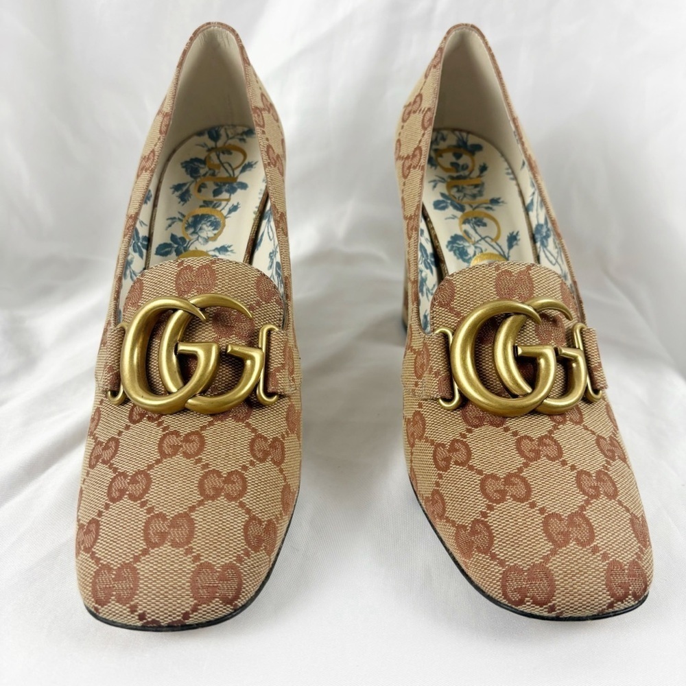 Gucci GG Marmont Beige Ruggine Victoire 95mm Loafer Block Heel Pumps EU 39.5 - Picture 4 of 11